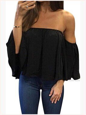 Off Shoulder Chiffon Blouse with Ruffles Short Sleeve Tops